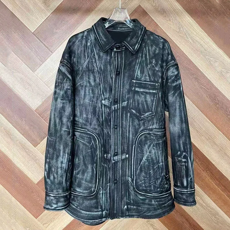 

Genuine Leather Jacket New Fashion Turn-Down Collar Long Sleeve Women Coat Spring Retro Style Hand Drawing Single Breasted