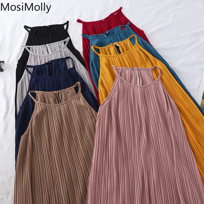 

MosiMolly Summer Dress Pleated Midi Dress Basic Beach Dress Casual Day Dress 2022 Summer