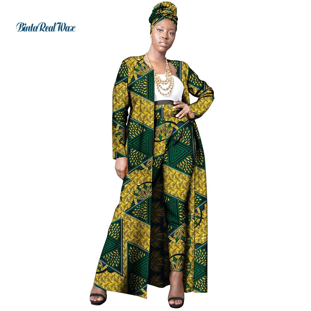African Print Long Wax Jacket and Pants 2 Pcs Set Matching Turban Headwrap Ethnic Style Ankara Maxi Kimono Dresses Women WY10078