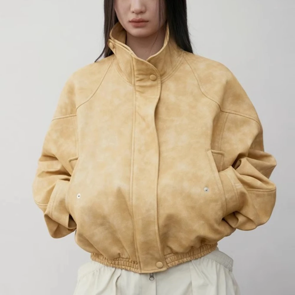Women's L*W Leather Jacket Coat Autumn and Winter High Collar Arc Shoulder Sleeve Halo Dyeing Doing Old Short Tops