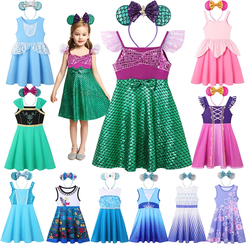 

2023 Summer Sleeveless Girls Little Mermaid Costume Frozen Elsa Mirabel Isabella Anna Cinderella Jasmine Cosplay Princess Dress