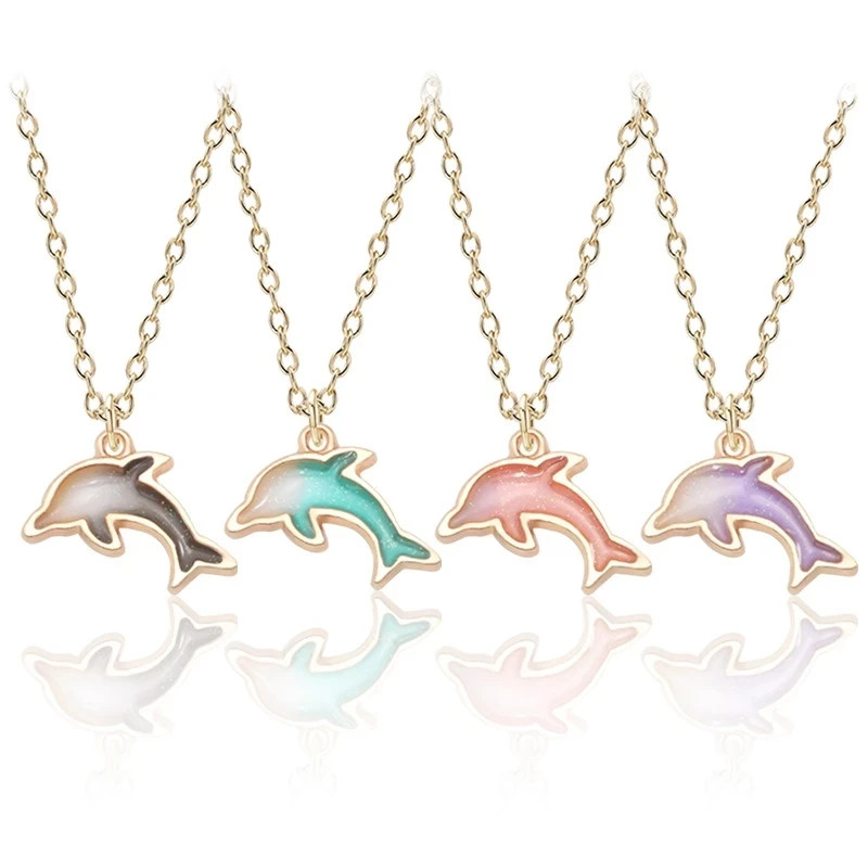 

4 Colors Cute Little Dolphin Pendant Necklace Fashion Cartoon Alloy Marine Animals Necklace For Women Girls