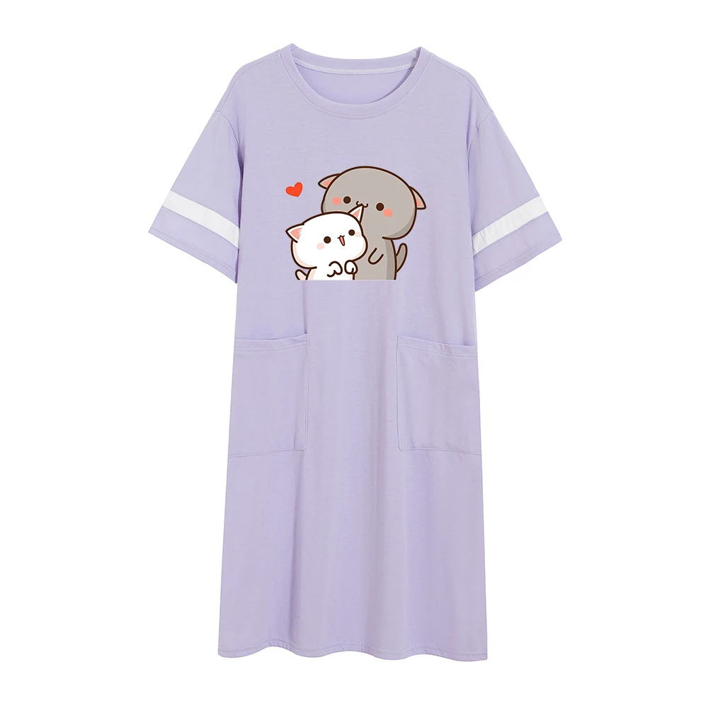 

Nighty Night Dress Long Shirt Cat Print Women Pj Cotton Sleepwear Sleep Shirts Nightgown Short Sleeve Fashion Loose Nightwear
