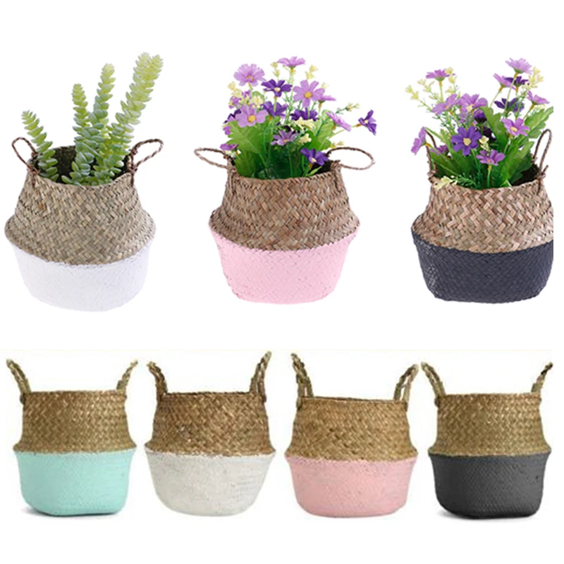 

Rattan Seagrass Belly Garden Flower Pot Plant Basket Handmade Storage Basket Folding Clothes Laundry Basket Straw Wicker