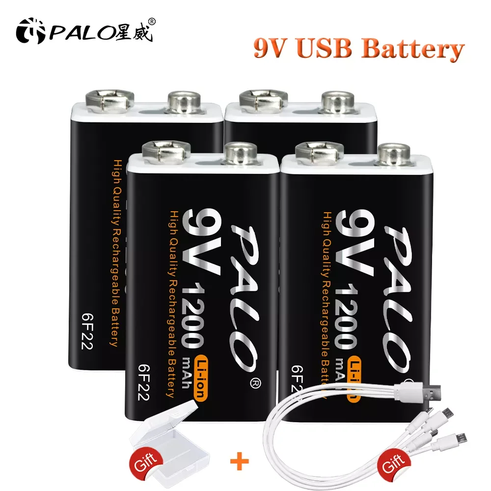 

NEW2023 PALO 9V Rechargeable Battery 1200mAh 6F22 Micro USB 9v Li-ion Lithium Batteries for Multimeter Microphone Toy Remote Con