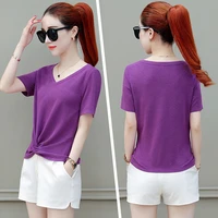 summer pleated ladies t shirt thin slim fit simple temperament korean version v neck purple short sleeved elegant loose top
