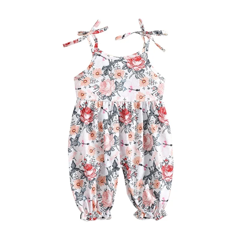 

2022 Baby Girl Bodysuit for newborns Jumpsuit Floral Pattern Sleeveless Tie-Up Sling Shoulder Straps High Waist Romper Overalls