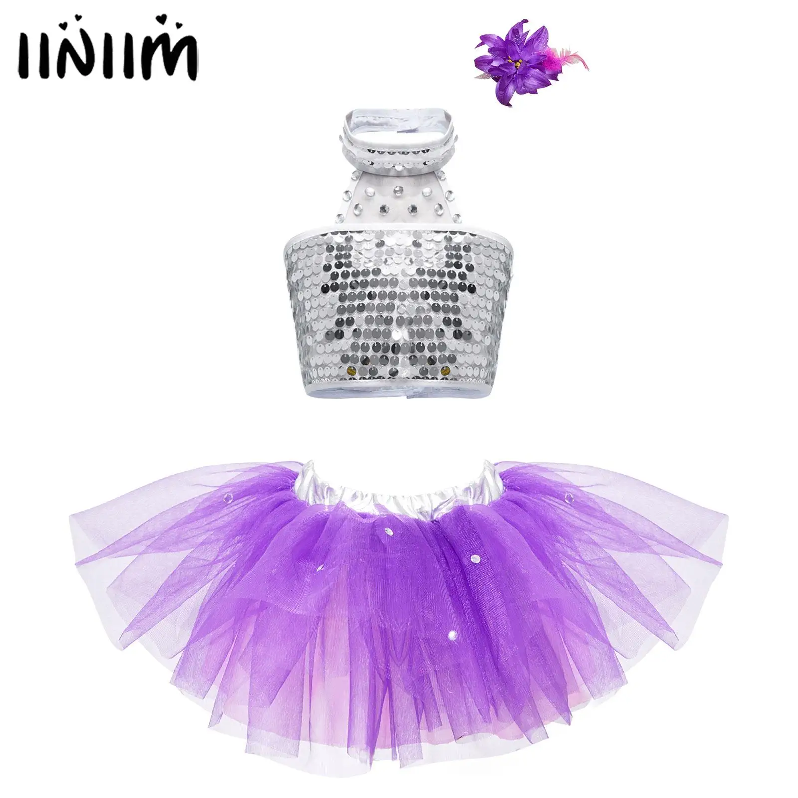 

Kids Girls Stylish Clothing Sleeveless Halter Neck Collar Shiny Sequins Crop Top Tutu Mesh Skirt and Hairpin Dance Outfits Sets