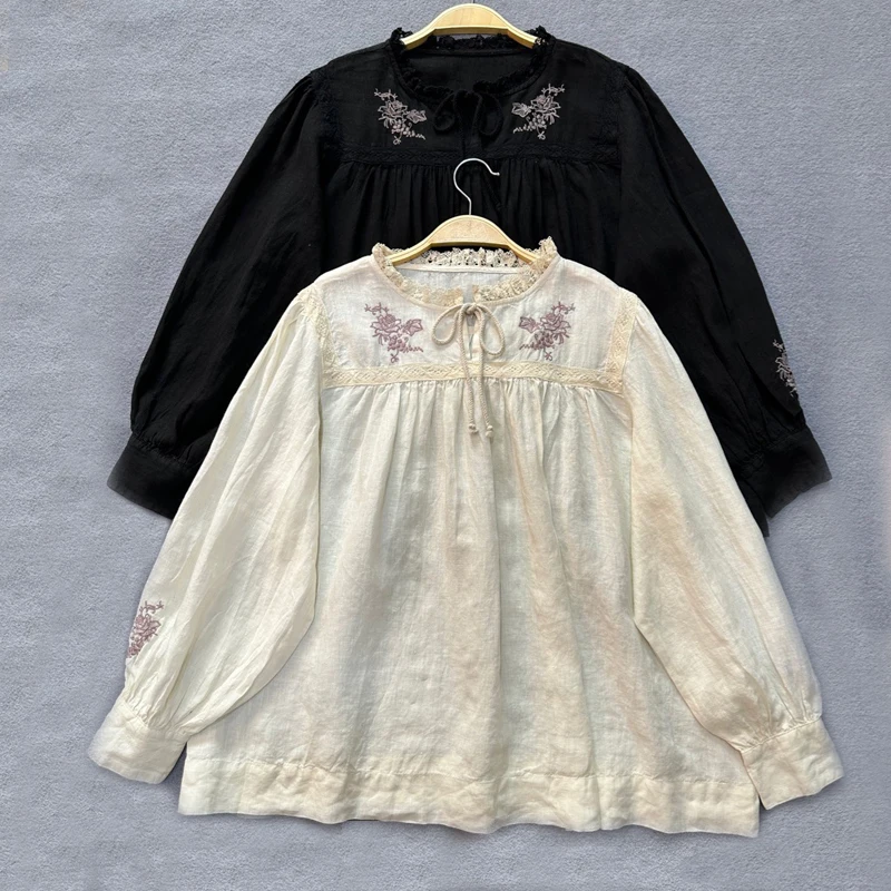 Женская льняная блузка на шнуровке Johnature Повседневная Свободная Простая рубашка