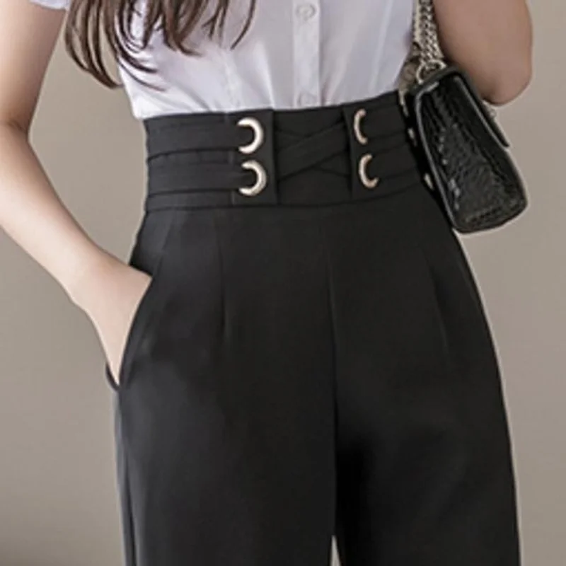 

2022 Spring Summer New High-waisted Drape Nine-point Harem Pants Women's Waist Head Craft Professional Suit Pencil Pants Black