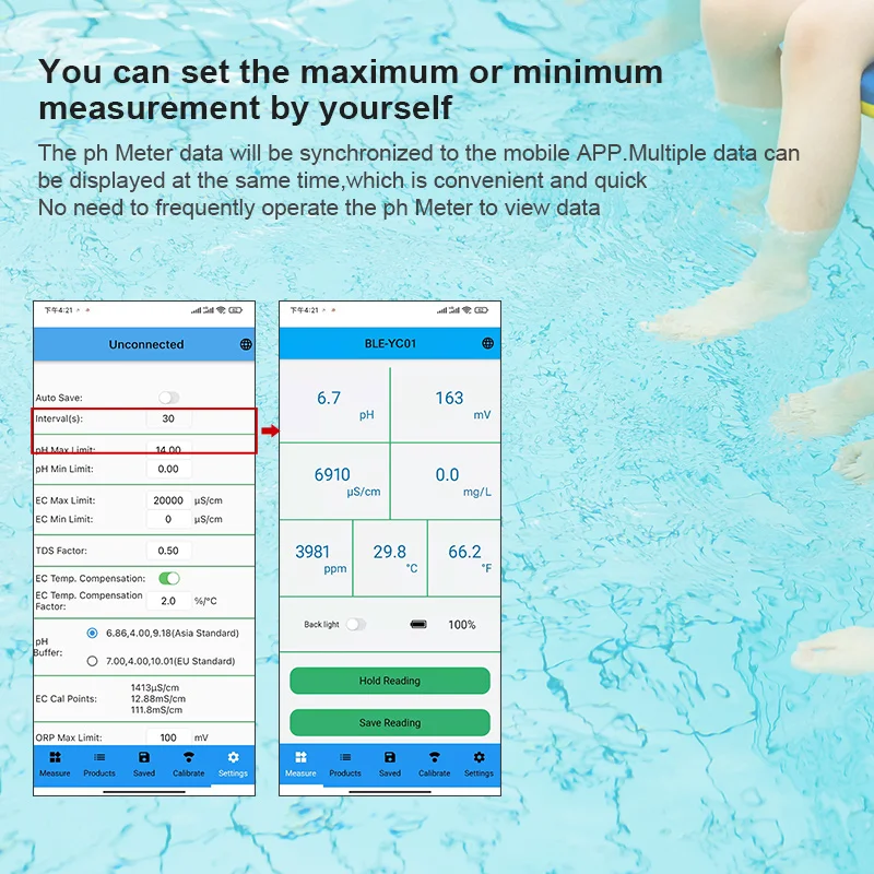 BLE-YC01 Smart Online Bluetooth Water Chlorine/pH/TDS/EC/ORP/TEMP 6 IN 1 Meter PH Powered By Mobile App for Aquarium Pool |