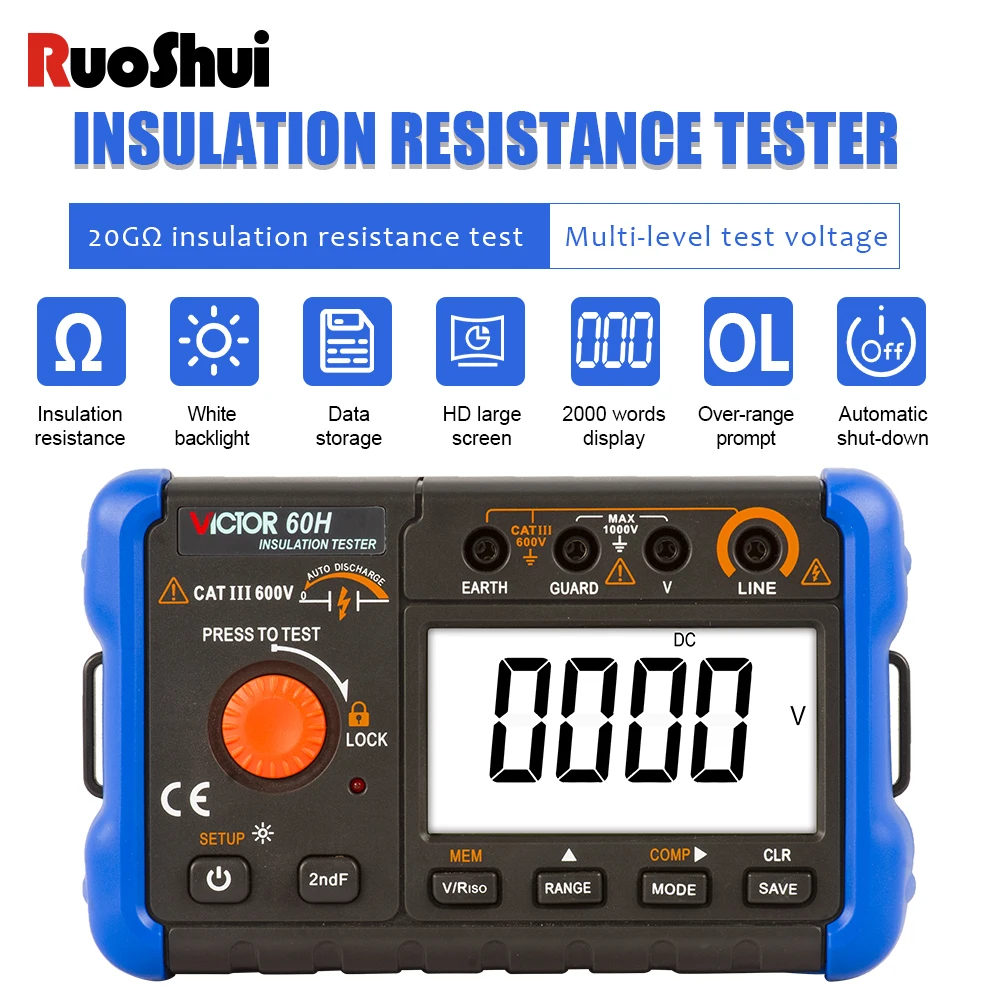 

Insulation Resistance Tester 1000V 20GΩ 500MΩ Megohmmeter Voltmeter LCD Ohm Backlight Overload Digital Earth Ground Megger Meter