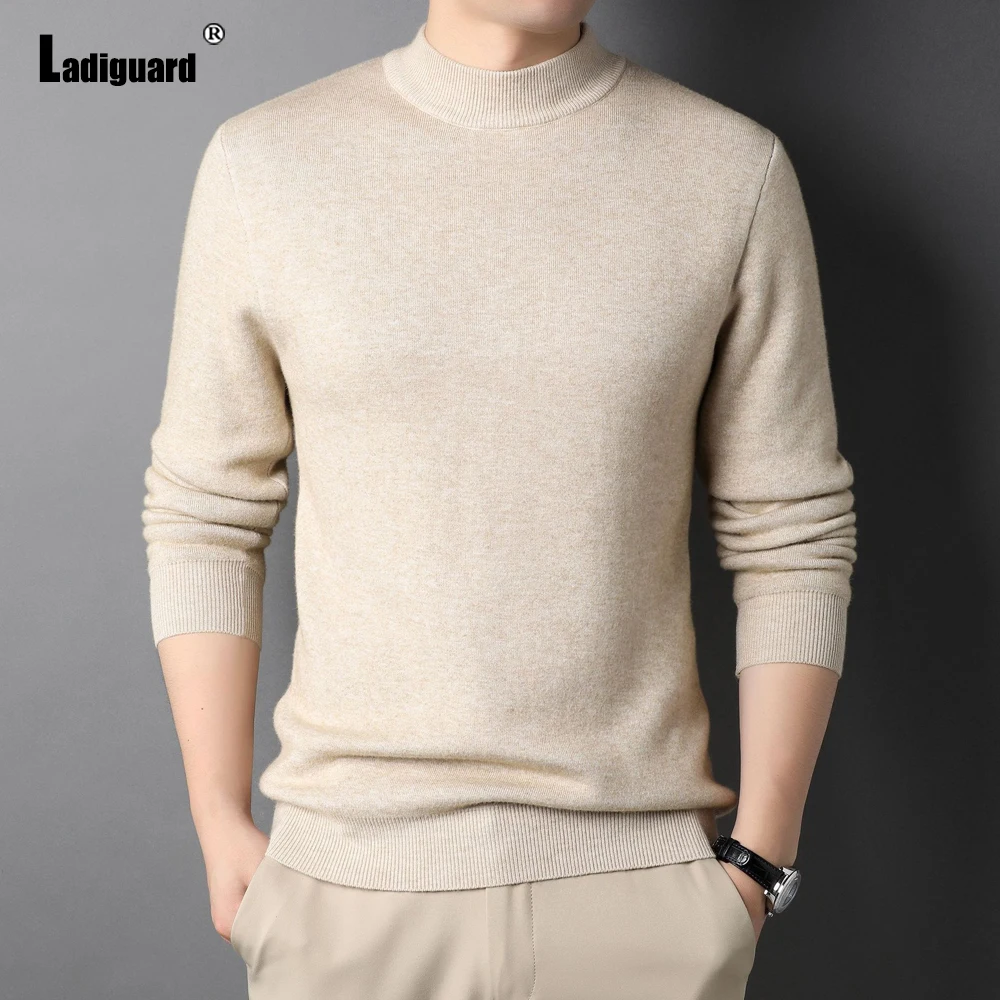 Autumn Mock Neck Sweaters Winter Warm Pullovers Mens Streetwear 2022 Kpop Style Fashion Top Knitted Pullover Solid Grey Sweater