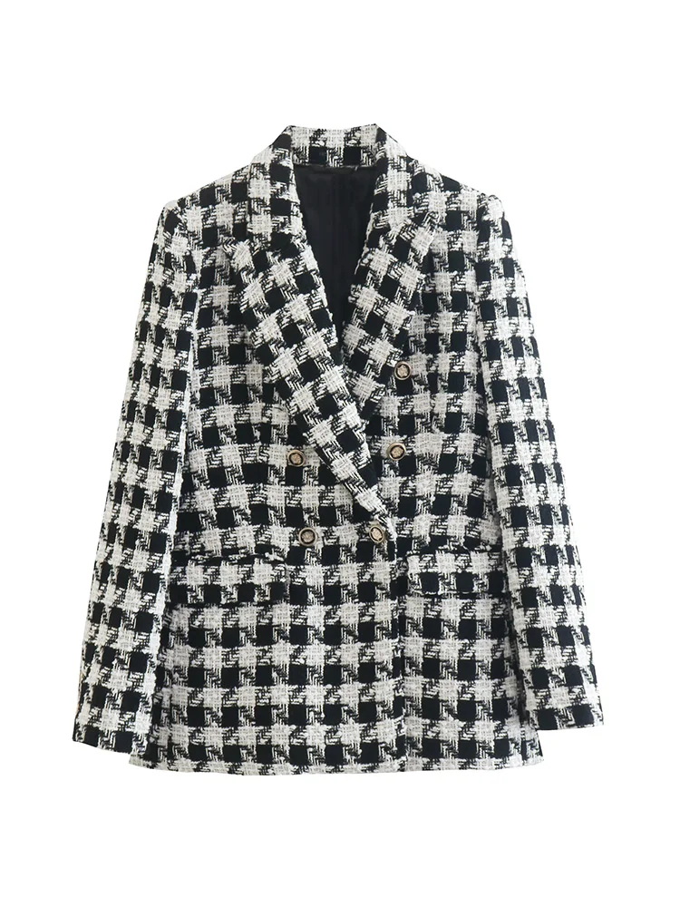

Blazers Women 2022 Office Elegant Houndstooth Textured Tweed Blazer Peak Lapel Long Sleeve Double Breasted Blazer Suit Jacket