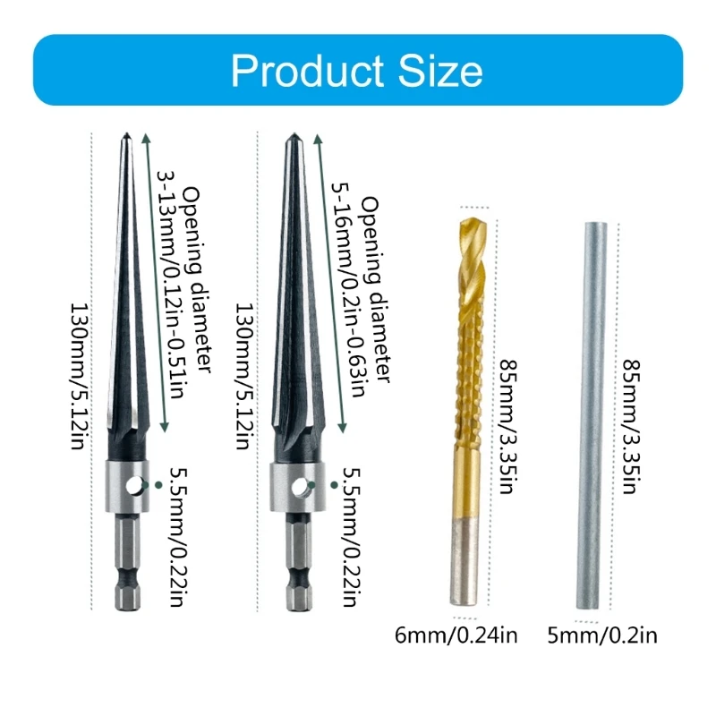 Набор конических разверток из углеродистой стали для точной обработки дерева