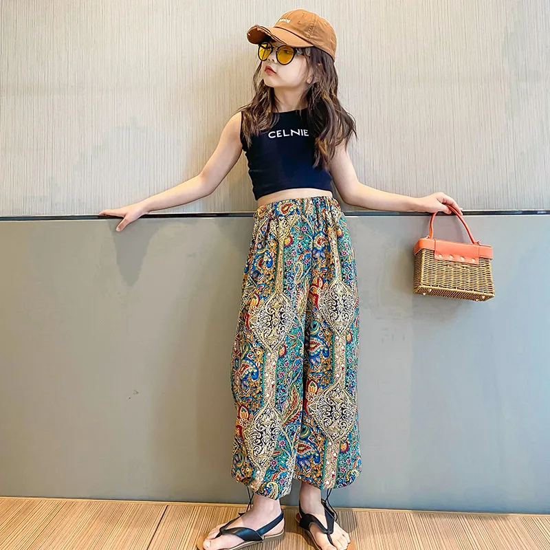 Брюки для девочек 2022 летняя детская хлопковая Футболка с цветочным рисунком в