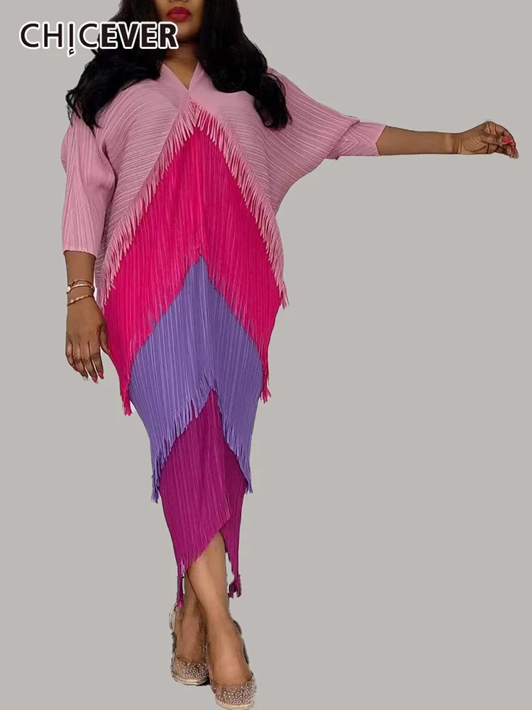 

CHICEVER Patchwork Colorblock Dress For Women V Neck Long Sleeve Tassels Ruched Oversized Midi Dresses Female Spring Clothes New