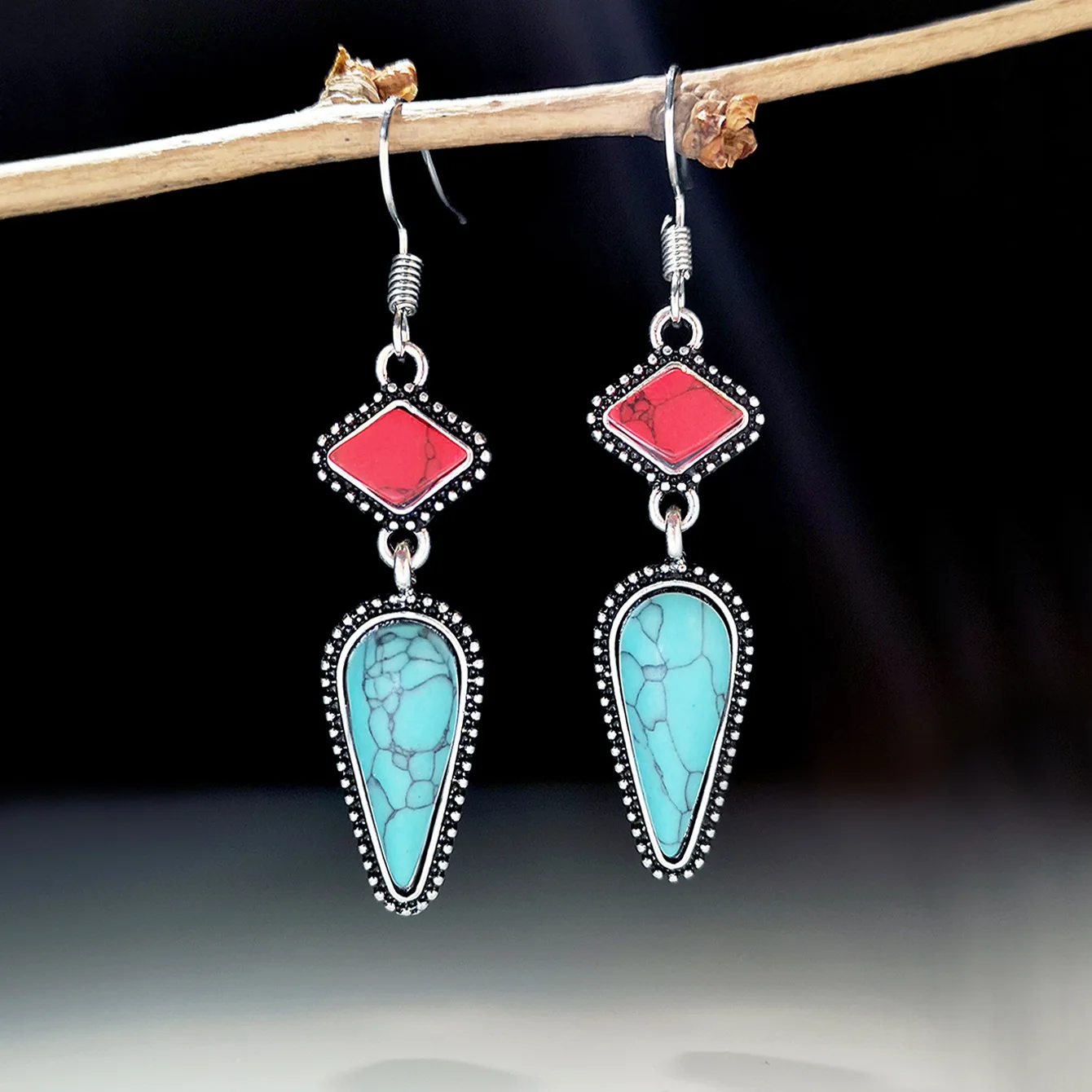 

Boho Tribal Water Drop Blue Stone Earrings for Women Jewlry Tibetan Silver Color Turquoise Dangle Earring Accessories