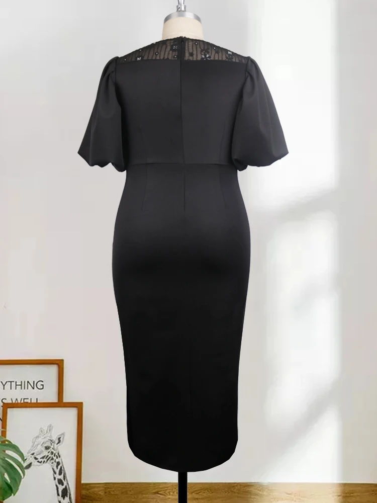 Curve Dress Office Lady Black Short Lantern Sleeve Elegance Lace Patchwork Bodycon Long Dresses Plus Size 4XL 5XL Summer 2023