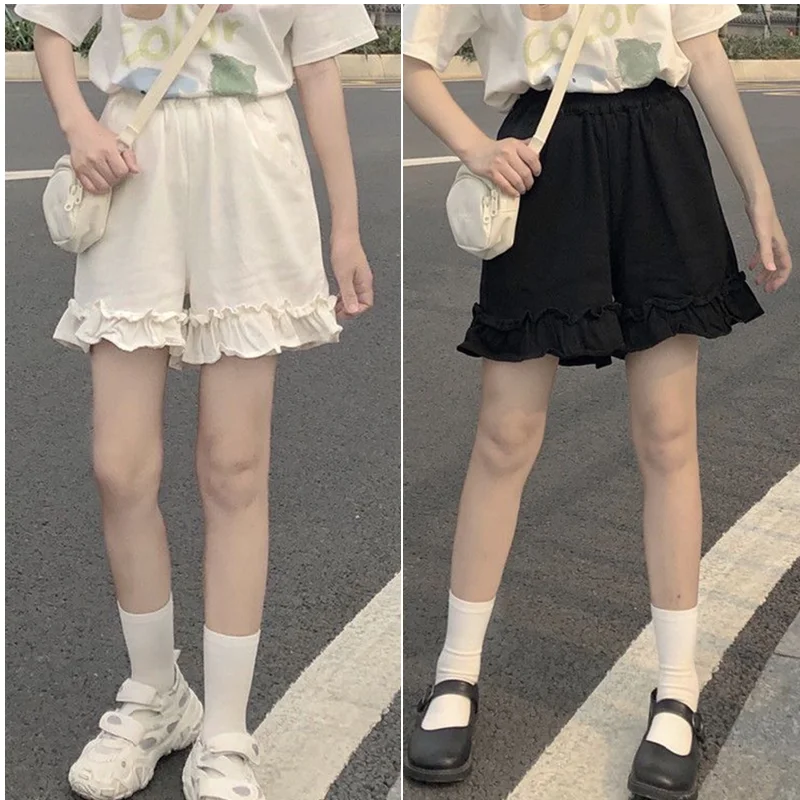 

Универсальные широкие корейские повседневные эластичные шорты милые в стиле преппи шикарные женские брюки с высокой талией для студентов в японском стиле с оборками