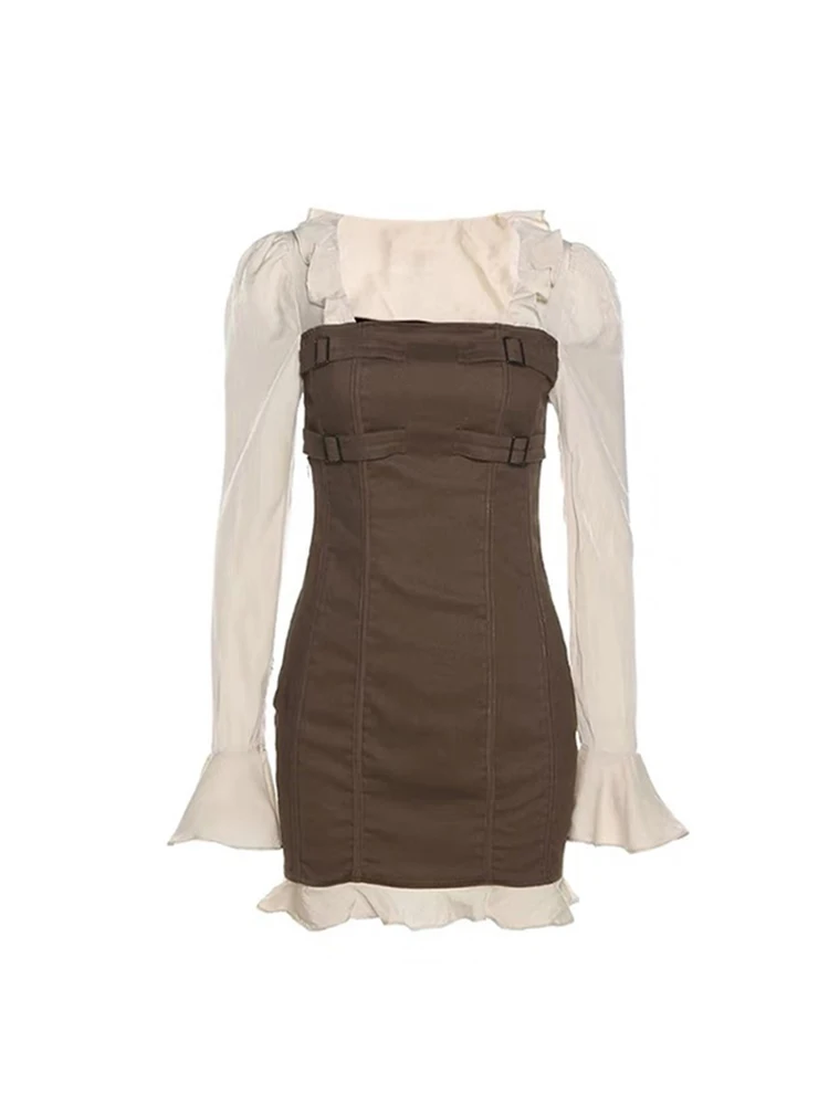 

Elegant Square Neck Dress Female Sexy Bodycon Patchwork Ruffle Edge Mini Party Dress Basic Vestidos Harajuku Long Sleeve Fashion