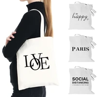 women canvas shopper bag foldable handbag reusable tote bag text pattern large capacity ladies shopping organizer shoulder bags