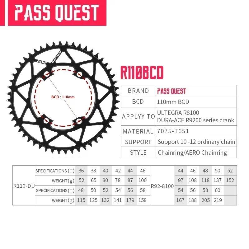 PASS QUEST chainring 110 bcd 4 bolt для Shimano ultegra 8100 dura ace 9200 54T 56T 58T 60T 44T 46T 48T 50T
