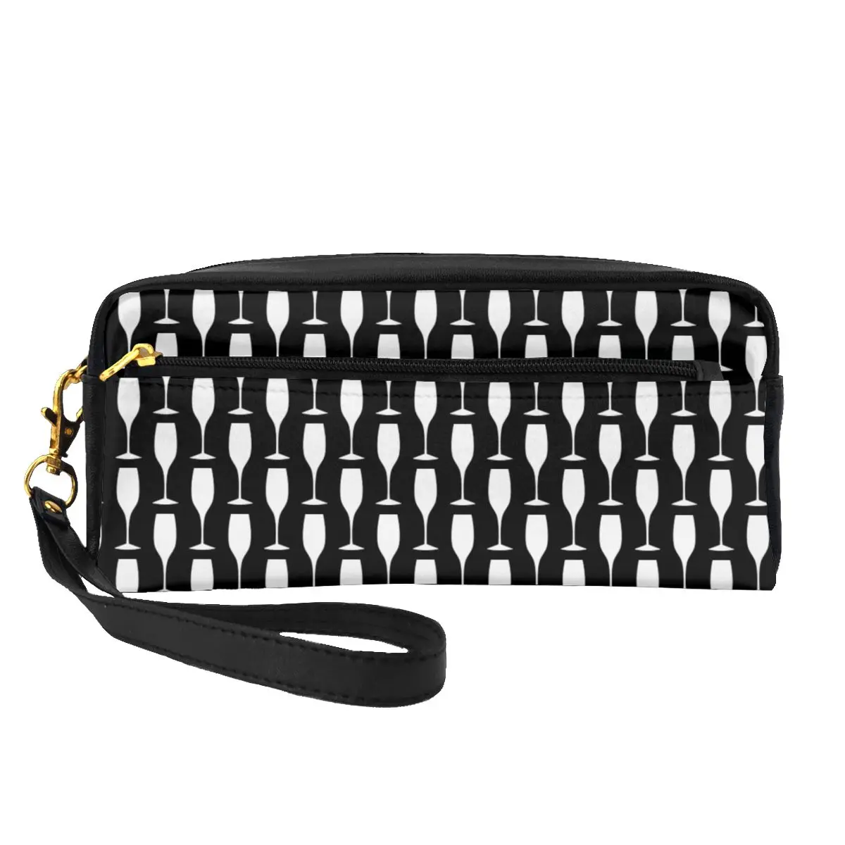 

Wine Glass Leather Storage Organizers Black and White Champagne Bathroom Pack Makeup Bag Woman Cosmetic Bags