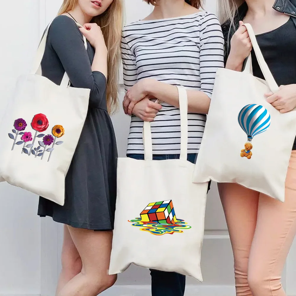 

Shopping Bags Tote Bag Fashion 3D Pattern Print Canvas Shoulder Bags Women Handbag Reusable Foldable Shopper Grocery Storage Bag