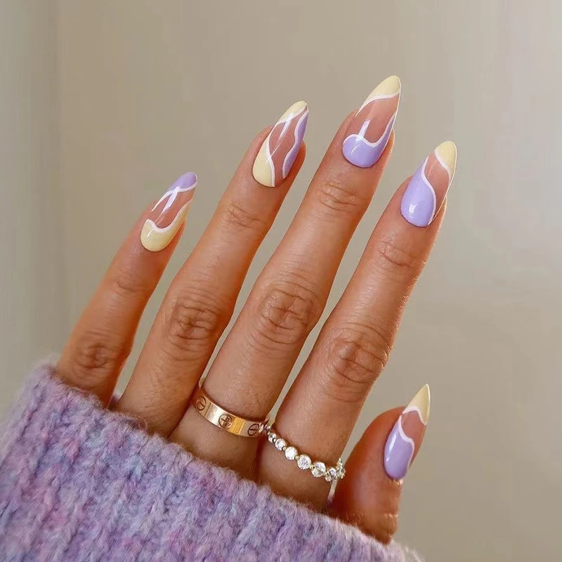 

JP1510 Medium Almond French Fake Nails Set Press on Faux Ongles