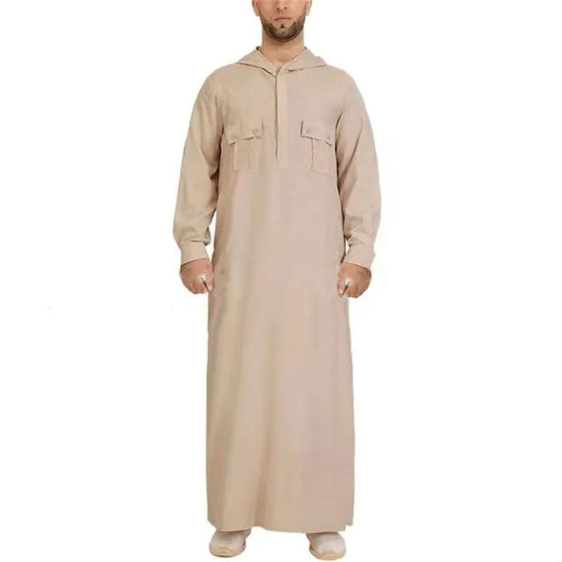 Arabic Style Simple Long Men's Pocket Hooded Shirt Muslim Robe Male Islamic Clothing Muslim Fashion Saudi Arabia Jubba Thobe