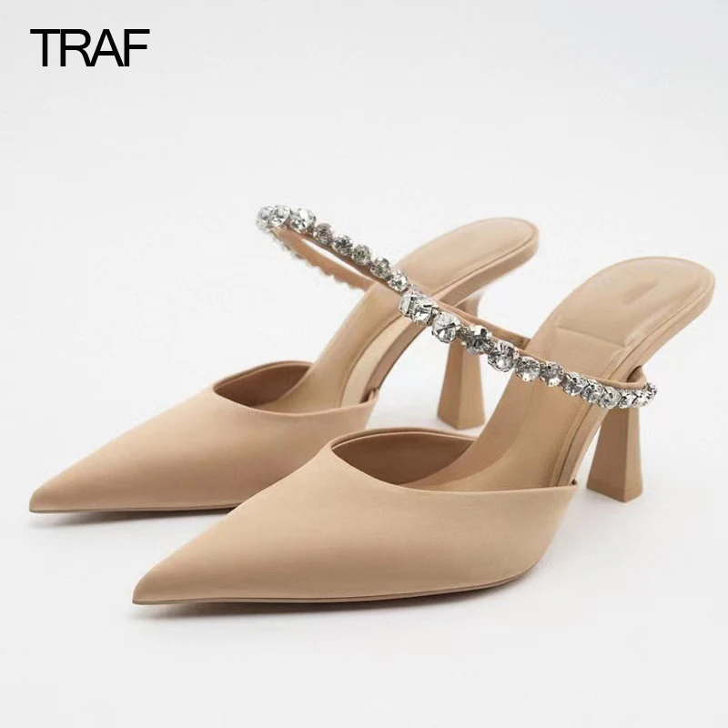 

TRAF Women Pumps Rhinestone Heels Slingback High Heels Women's Mules Elegant Modern High-heeled Sandals Pointe Party Shoes 2022