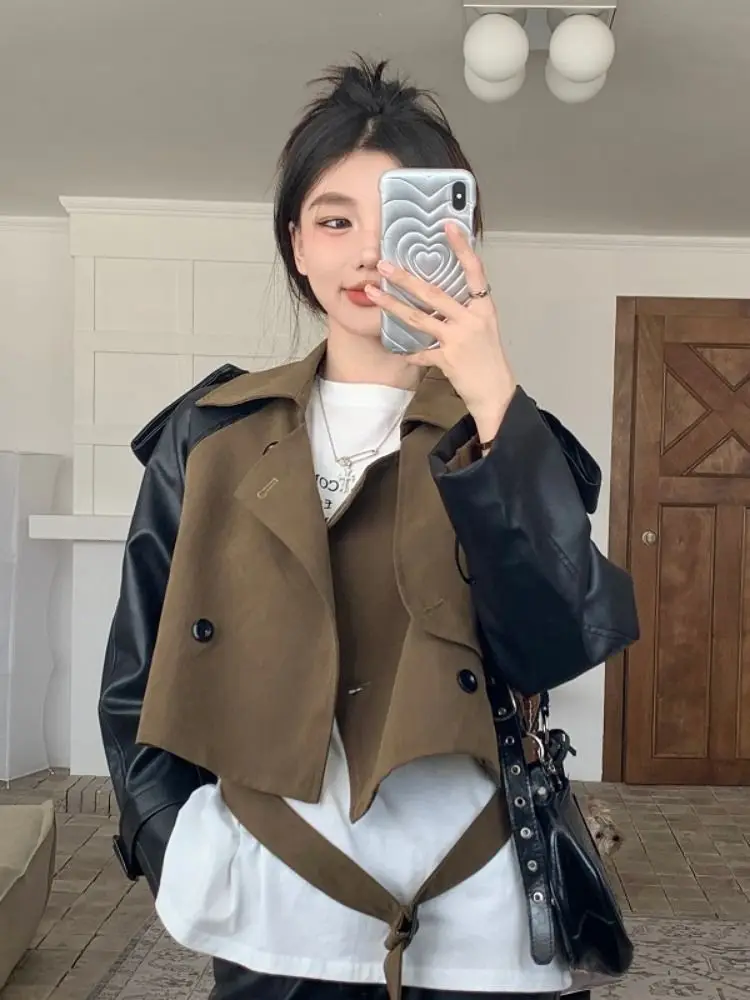 Американская ретро контрастного цвета сращенная куртка из искусственной кожи