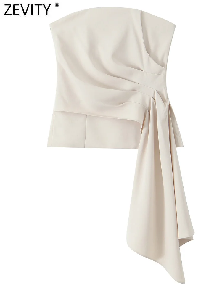 Zevity 2024 Women Fashion Strapless Solid Pleated Design Corset Style Slim Blouse Female Zipper Shirts Blusas Chic Tops LS7204