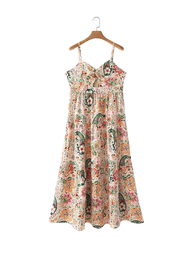 

Women Bohemian Floral Print Dress Summer V-neck Spaghetti Strap Backless Elastic Slim A-line Midi Dresses 2022