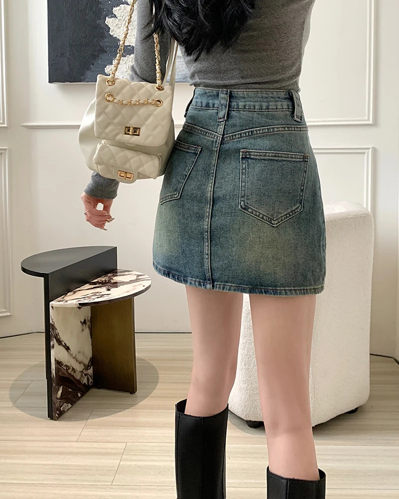 Denim Skirt Women's Summer Blue Casual Capris Spring 2023 New Vintage Stretch High Waist Spicy Girls Wrapped Hip A-line Dress