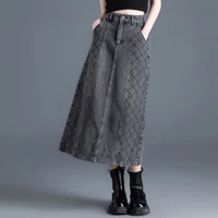 tiyihailey free shipping 2022 new fashion high waist 26 31 long mid calf a line skirts with pockets women skirts grey plaid