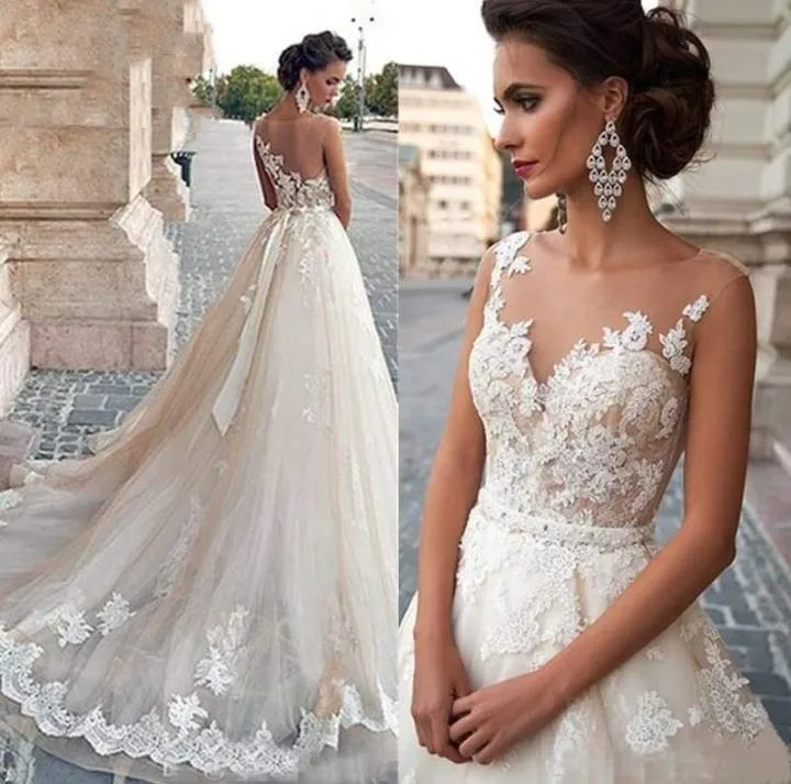 

Detachable Wedding Dresses A-line Scoop Tulle Appliques Boho Wedding Gown Bridal Dress Vestido De Noiva