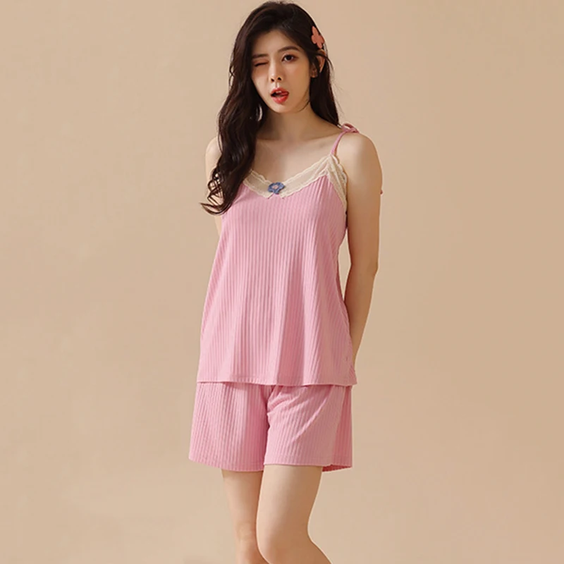 

Summer Loungewear Set For Women Pullover Nightwear Two Piece Set Simple Casual Sleeveless V Neck Camisole With Shorts