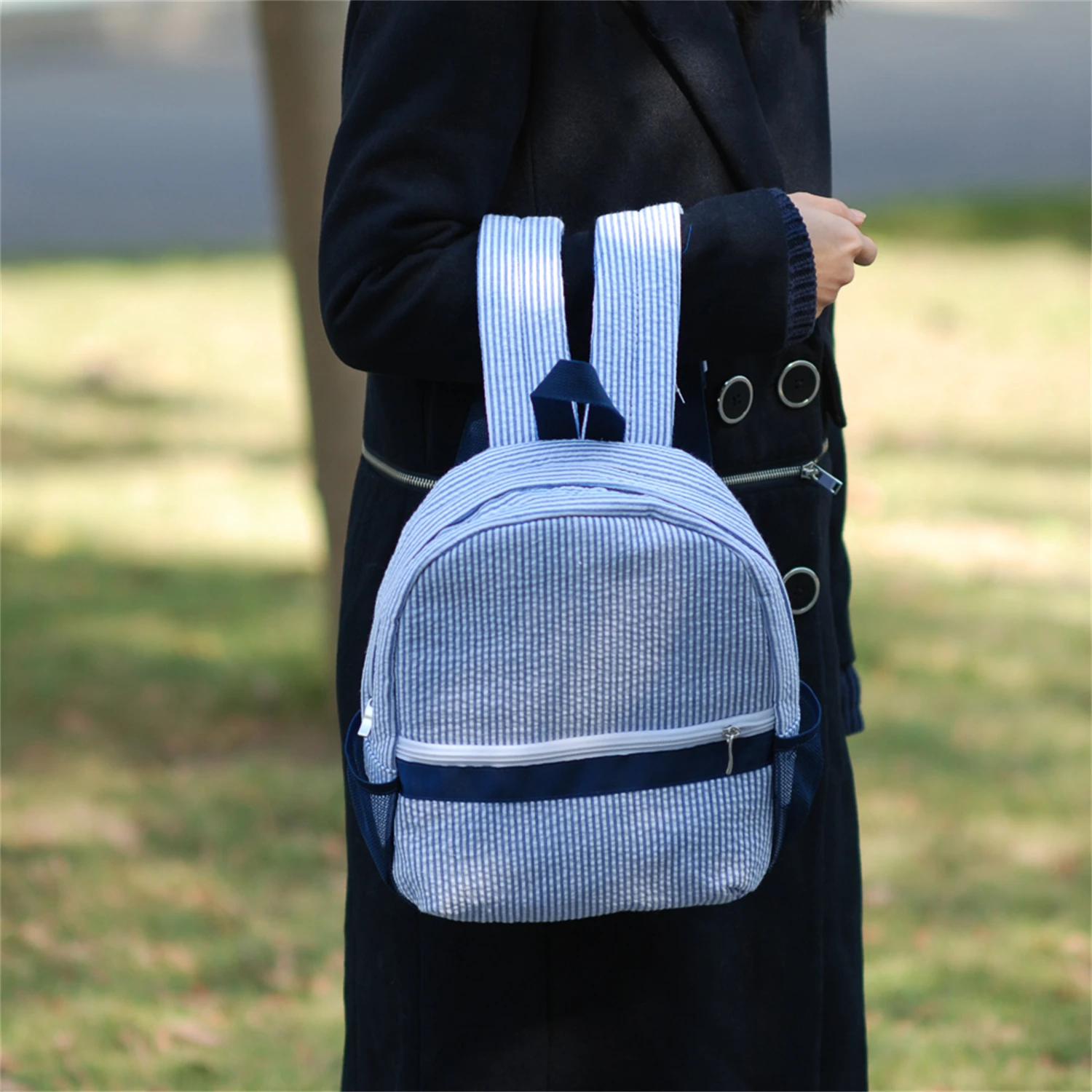 Kids Preschool Seersucker Backpacks For Kids Navy Striped Seesucker Light School Book Bag DOM113187 Children Shoulder Bag