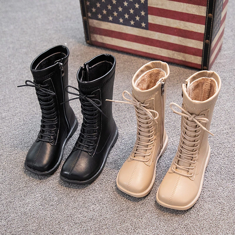 

Girl's Long Boots Mid-calf Lace-up Square Toe Trendy Children Winter Boot Black Khaki 26-36 Fashion Pu Leather Kids Shoes Flats