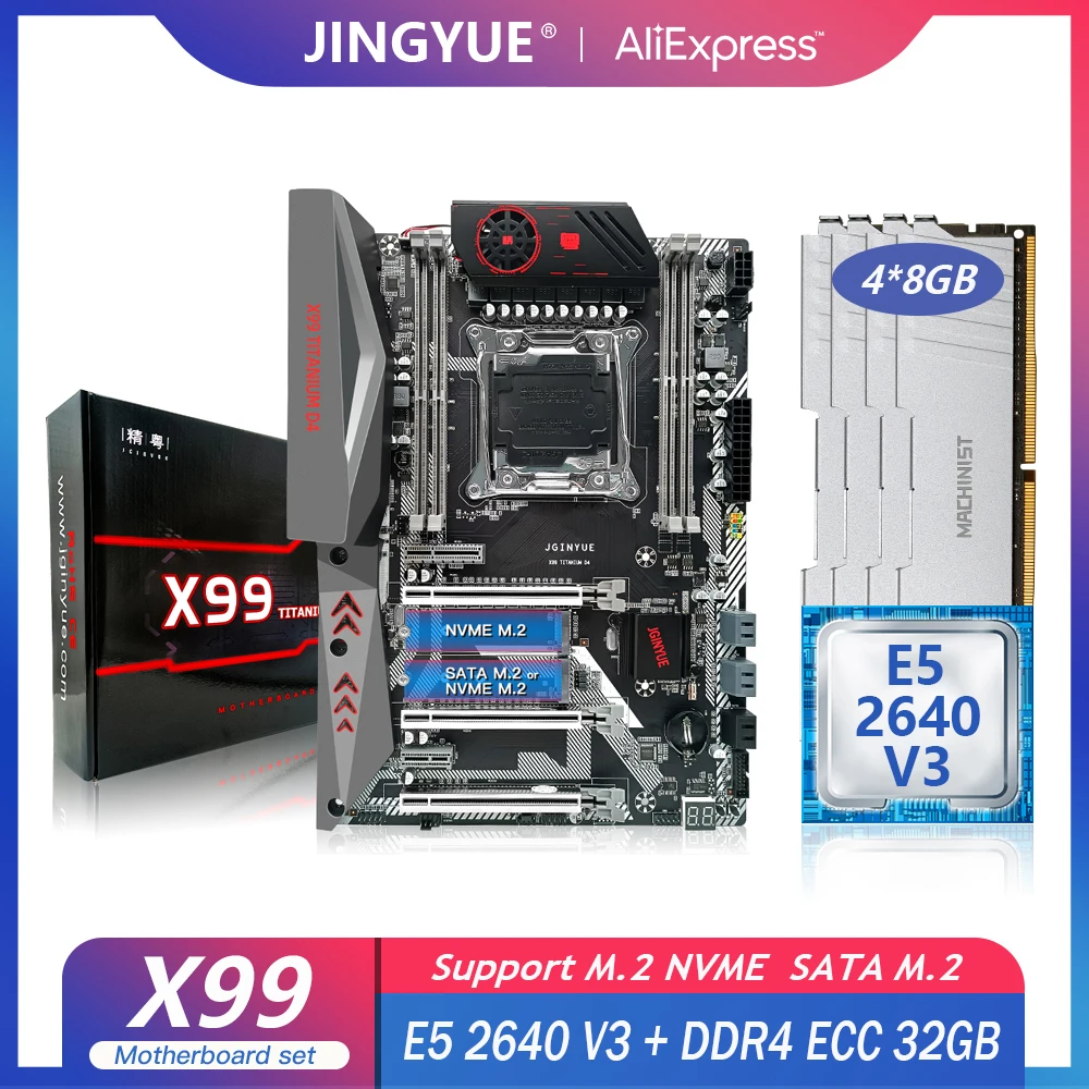 

JINGYUE X99 материнская плата комплект с Xeon E5 2640 V3 CPU LGA 2011-3 набор процессор 32G = 4*8 ГБ DDR4 ECC RAM память SSD M.2 TITANIUM D4