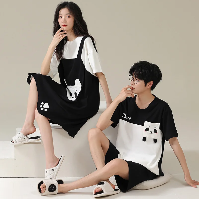 Matching Couple Pajamas Set Summer Cotton Homewear For Men Pyjama Kawaii Anime Panda Bear Home Clothes Lover Sleep Suit Nightgow