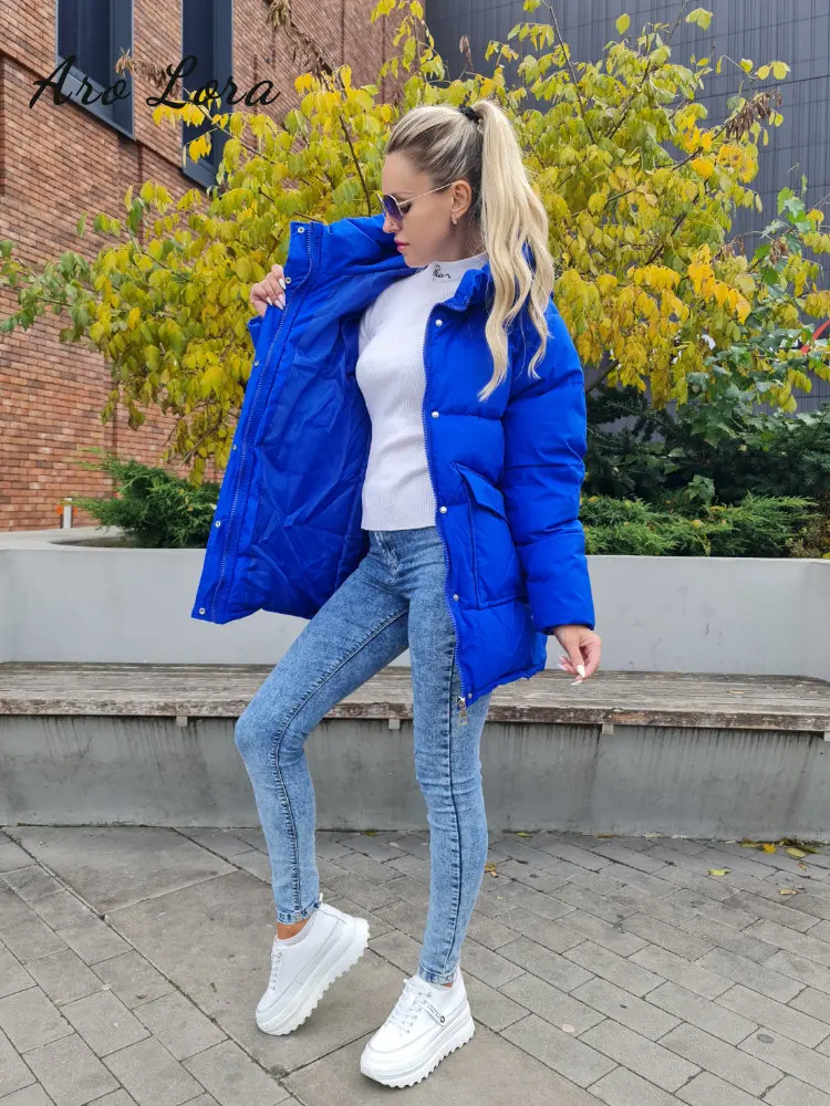 Autumn Winter Thicken Warm Medium Long Parka Women Casual Sweety Solid Color Big Pocket Loose Hooded Coat Chic Jackets Outwear