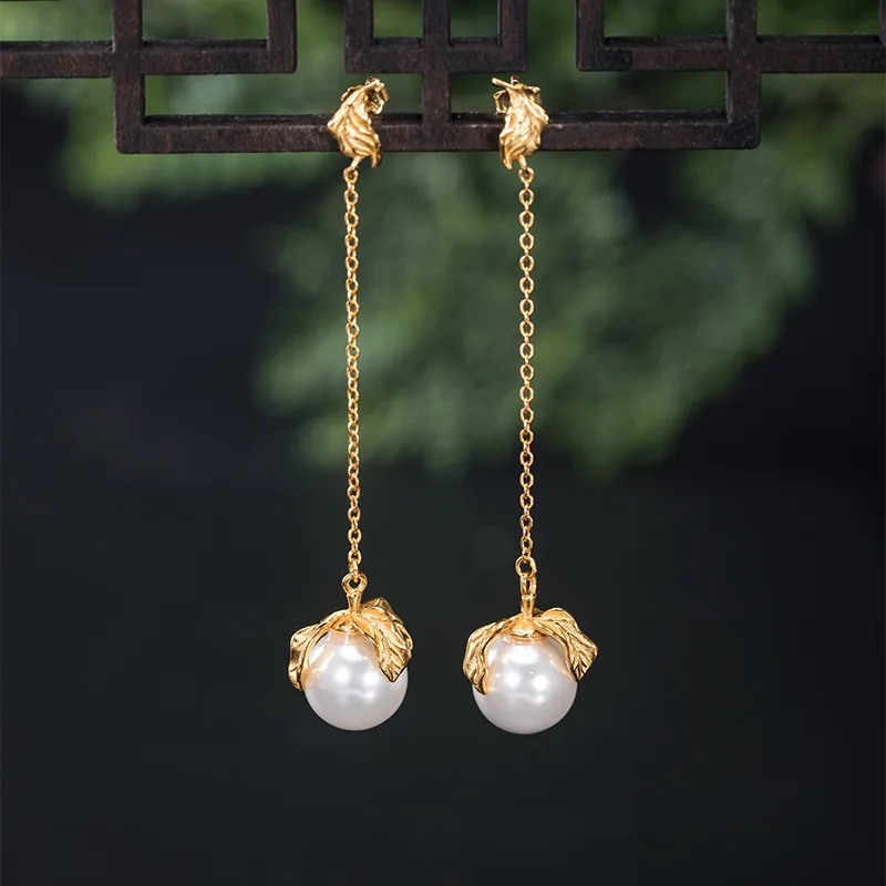 

Real S925 Sterling Silver Creative design shell bead leaf earrings women's retro temperament long persimmon earrings
