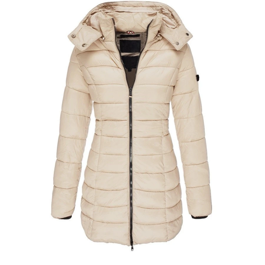 Winter Jacket Women 2022 New Slim Hooded Zipper Loose Long Down Cotton Coats Office Lady Parkas Fashion Tops Black Red Yellow