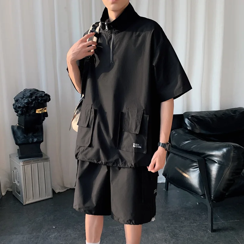 

Half zipper stand collar T-shirt work clothes short sleeved Shorts Set men's wear summer two-piece set fashion brand with me