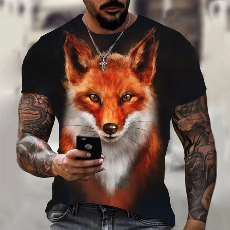 

2022 3D Fox Head print Men's Short Sleeve Casual Style Slim Round Neck Dark Color Dark T shirt animal black Clothing Summer tees