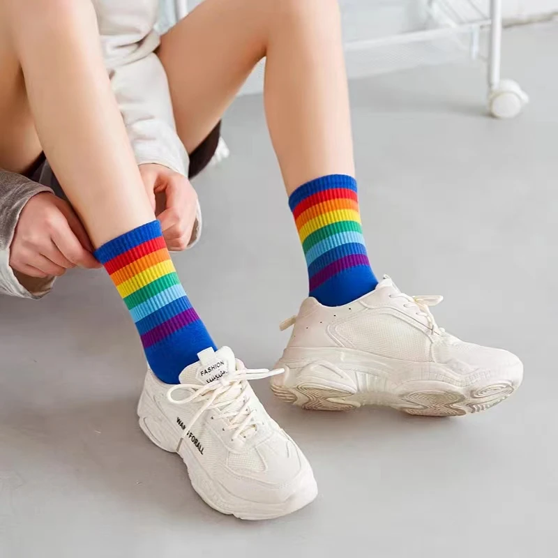 5Pairs/Lot Colourful Rainbow Cotton Sock For Women Streetwear Comfortable Ladies Socks