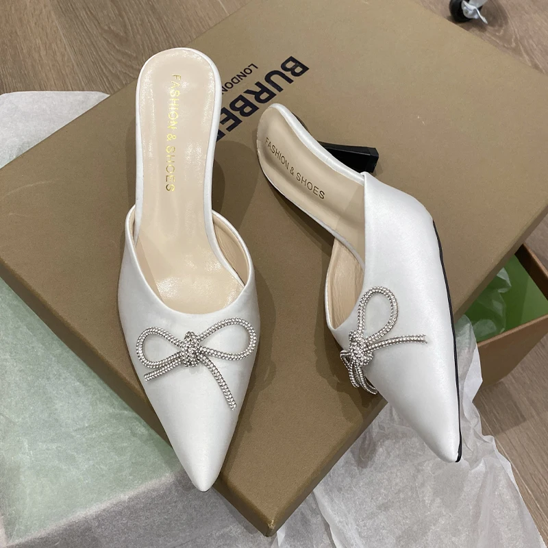 

High Heels Women Slippers Bow Mules Shoes 2023 Spring New Sandals Fashion Slingback Flip Flops Sexy Pointed Toe Party Prom Pumps
